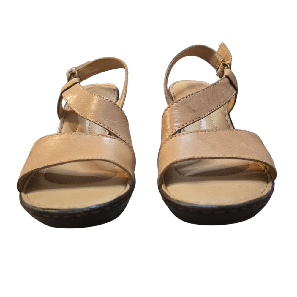 Born Tan Leather Boho Neutral Strappy Wedge Sandals Size 7 - Picture 3 of 7